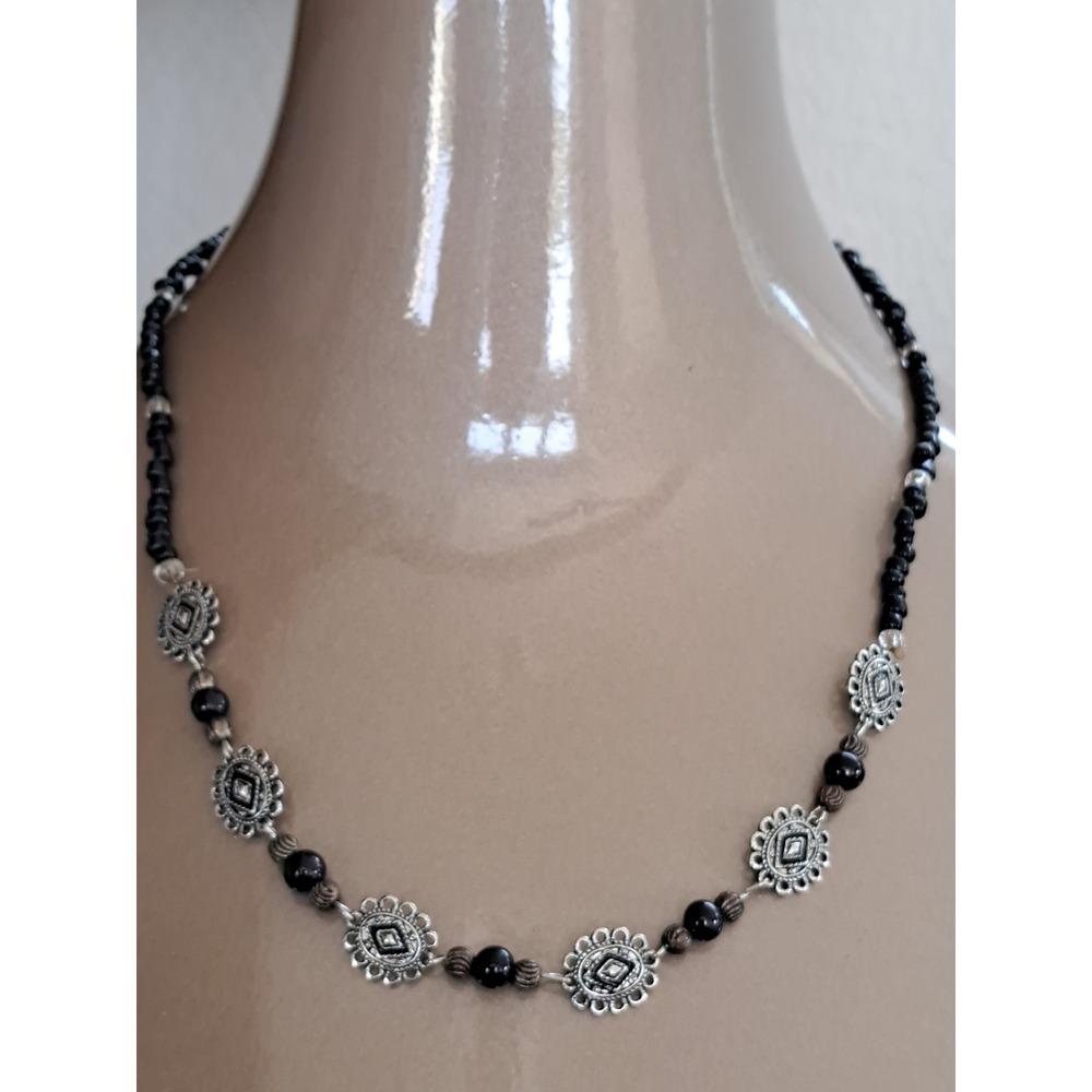 Boho Black Beaded Necklace Silver Tone Floral Medallion Accents Vintage Style